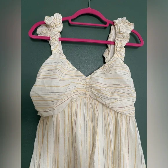 GAP- midi dress sleeveless tiered metallic stripe cotton blend puff strap ruched - Picture 6 of 16